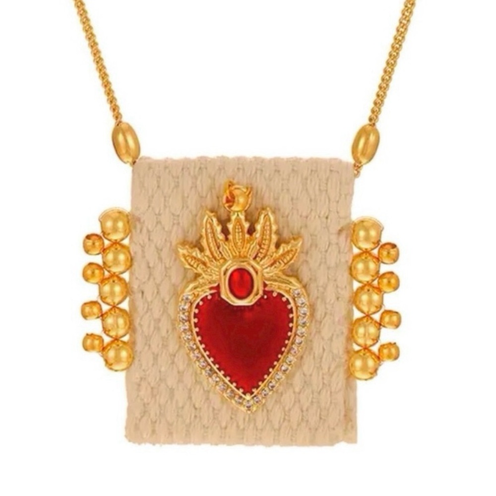 Blooming Sacred Heart of Jesus Immaculate Mary Catholic Ruby Red Fabric Necklace